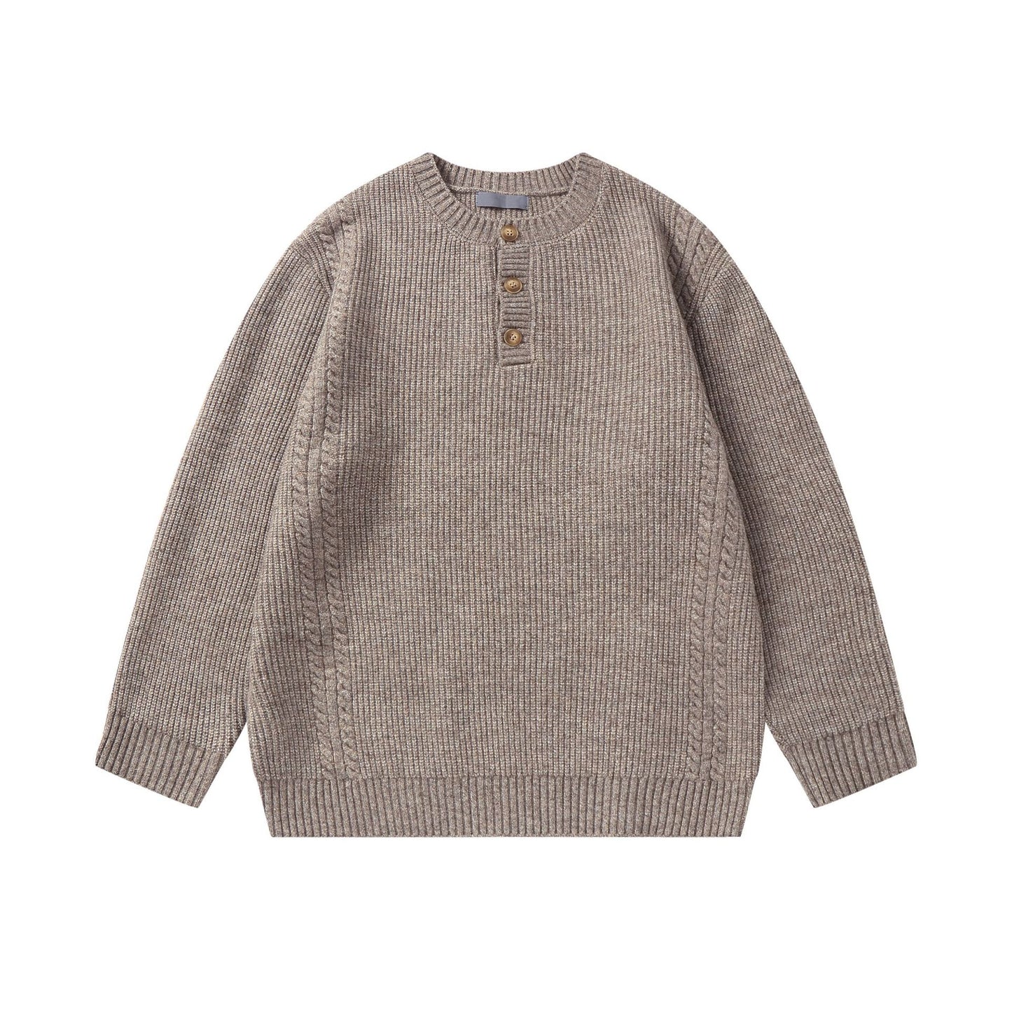 Solid Color Henley Neck Knitwear Unisex Loose Crewneck Sweater