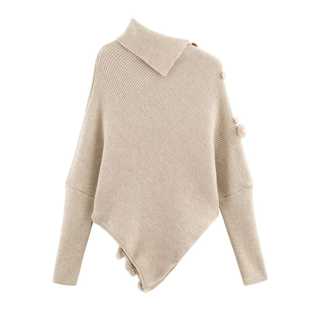 Splicing bat sleeve shoulder buckle irregular knit sweater top for women