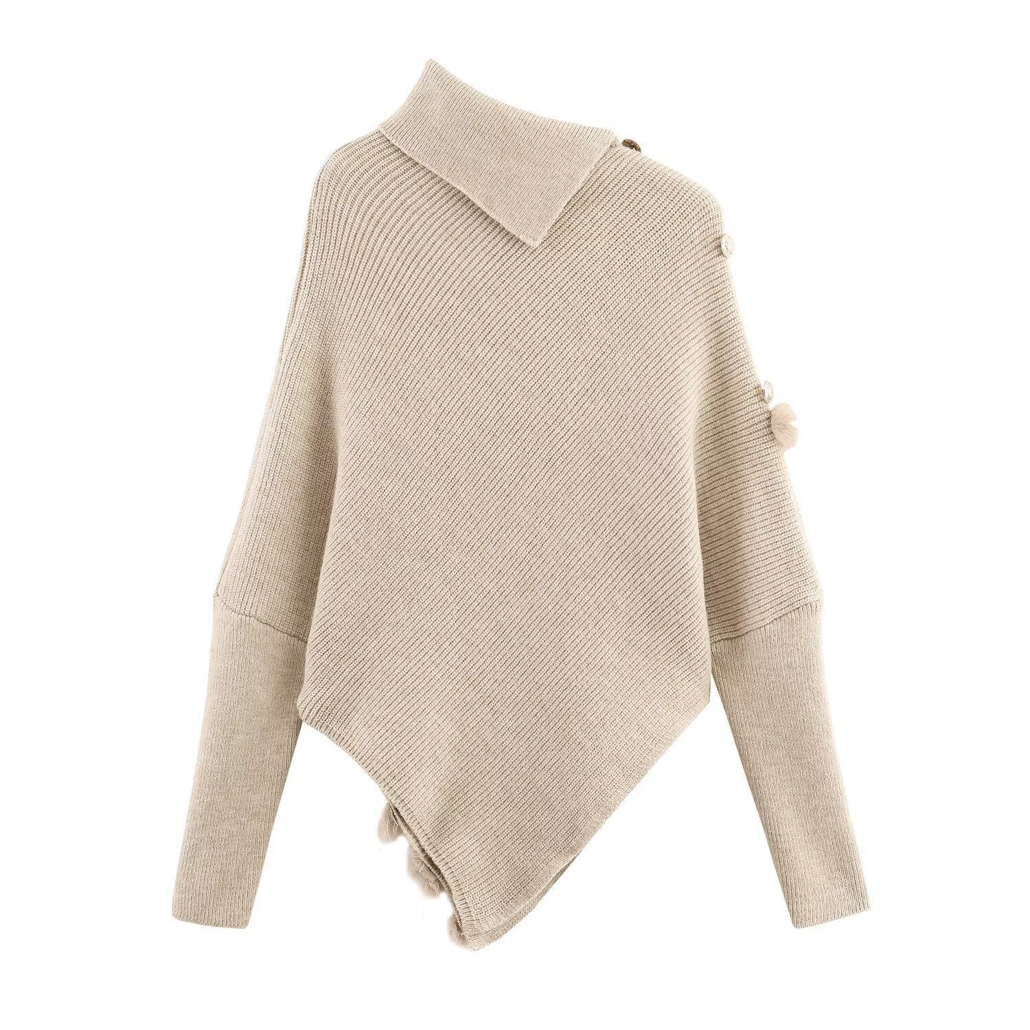 Splicing bat sleeve shoulder buckle irregular knit sweater top for women