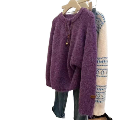 Casual Lazy Style Round Neck Single-Button Pullover Sweater Women's Loose Soft Knit Top