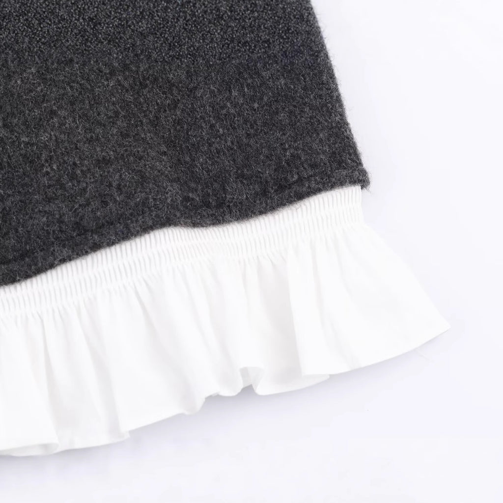 Color blocked patchwork long sleeved single breasted solid color knitted sweater for women