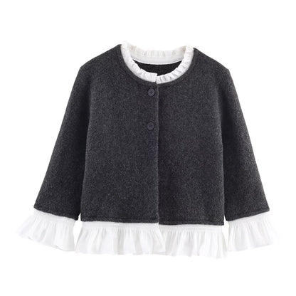 Color blocked patchwork long sleeved single breasted solid color knitted sweater for women