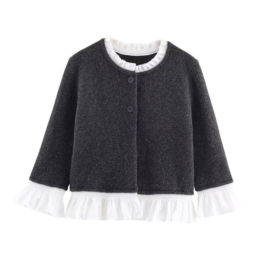 Color blocked patchwork long sleeved single breasted solid color knitted sweater for women