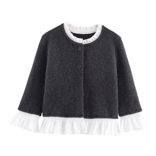 Color blocked patchwork long sleeved single breasted solid color knitted sweater for women