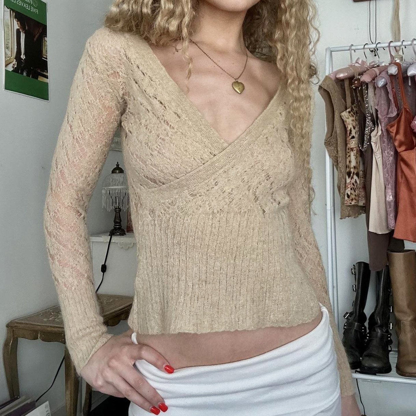 Vintage V-Neck Body-Conscious Hollow Knit Sweater with Lace-Up Detail, Elegant and Simple Long Sleeve Top