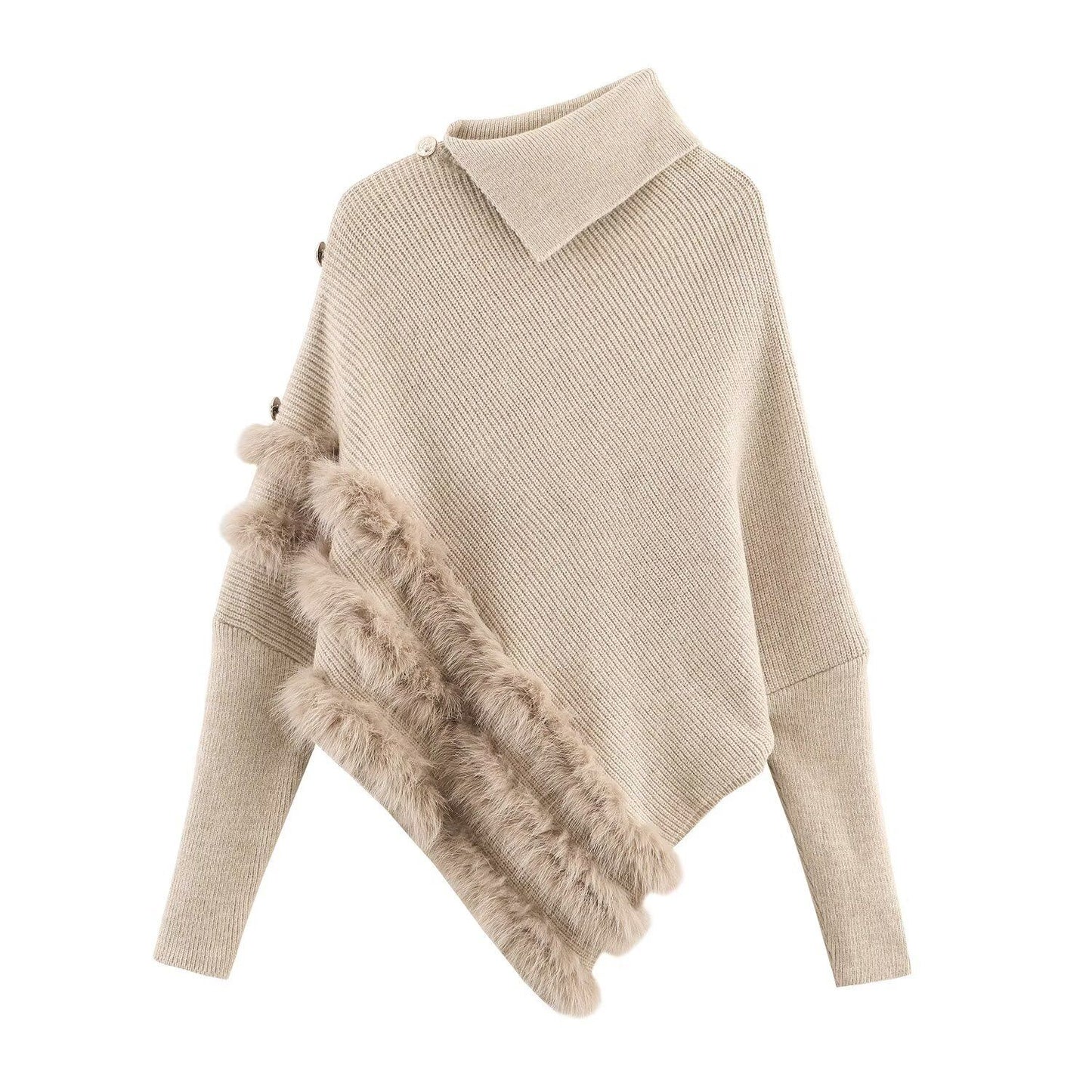 Splicing bat sleeve shoulder buckle irregular knit sweater top for women