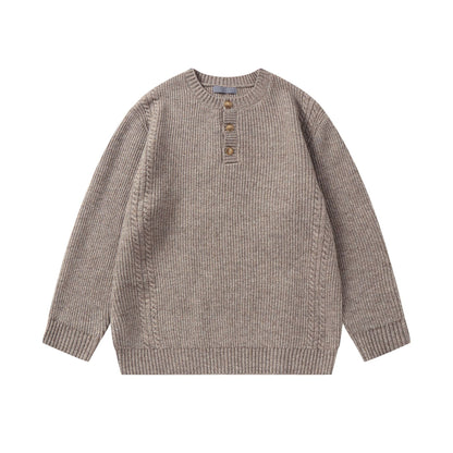 Solid Color Henley Neck Knitwear Unisex Loose Crewneck Sweater