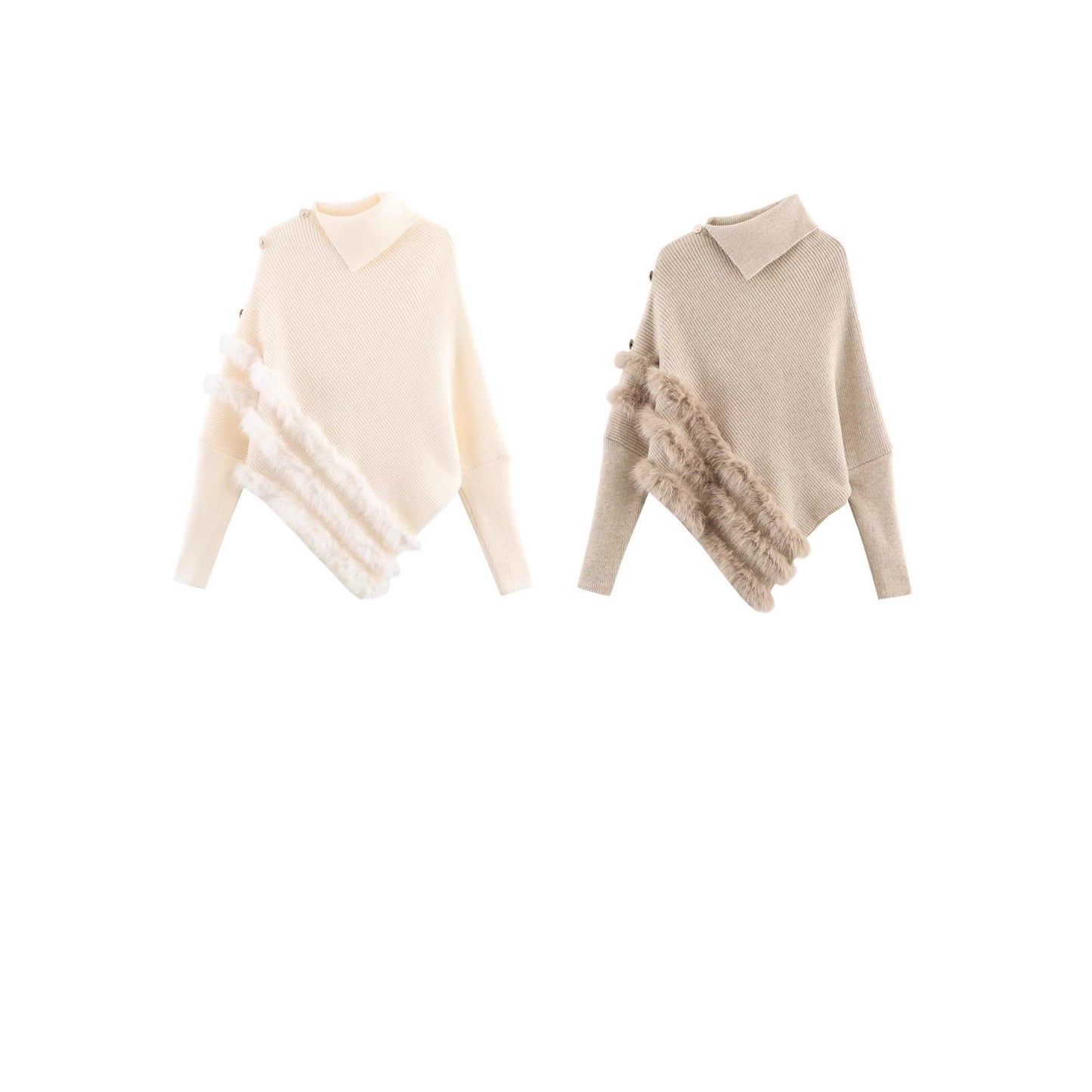 Splicing bat sleeve shoulder buckle irregular knit sweater top for women