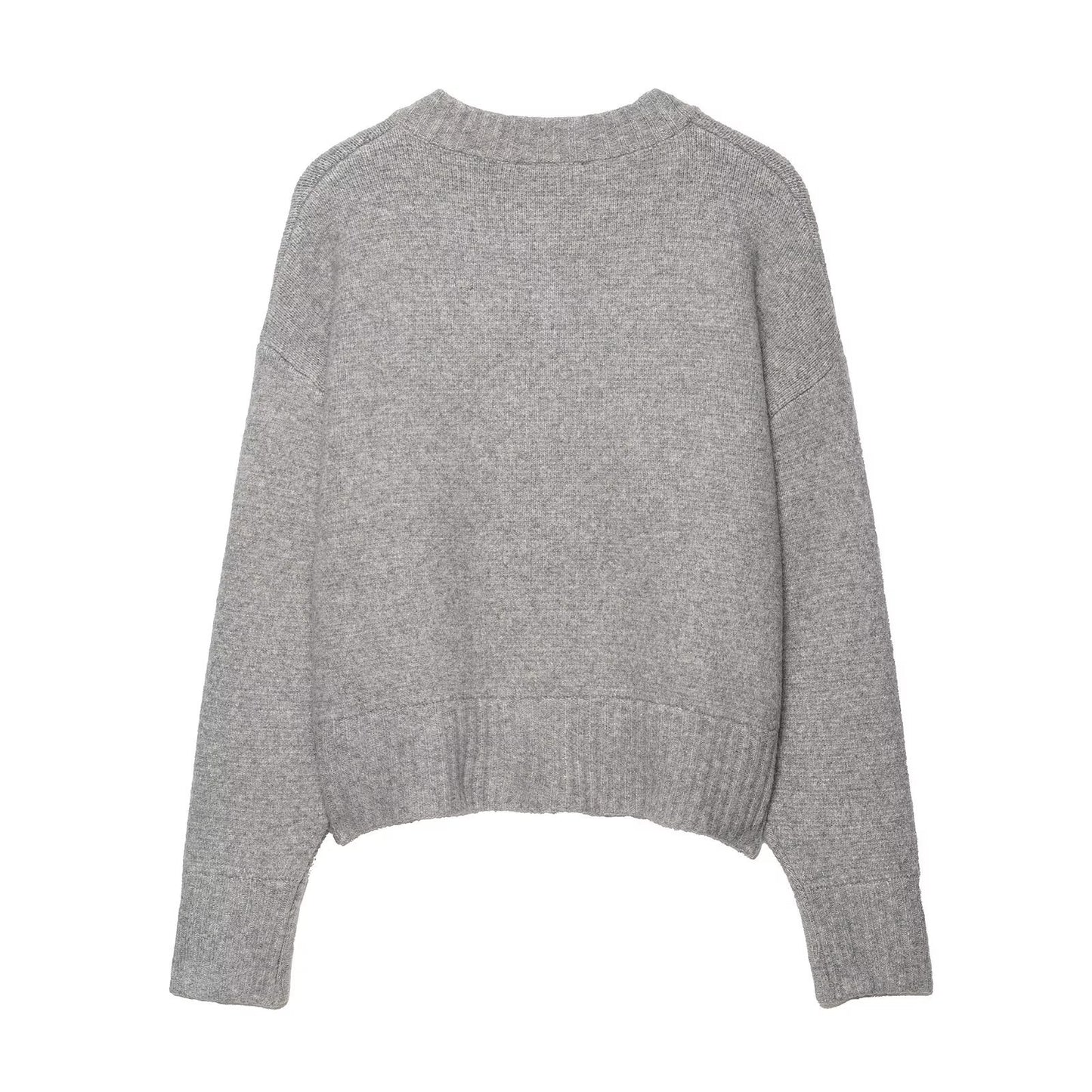Round neck long sleeved single breasted gray knitted sweater for women