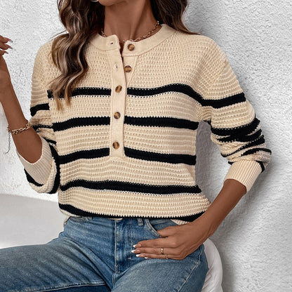 Women Long Sleeve Button-Down Round Neck