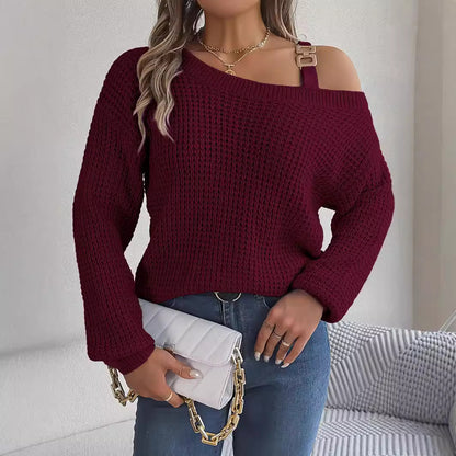 Metal buckle splicing off shoulder lantern sleeve pullover sweater