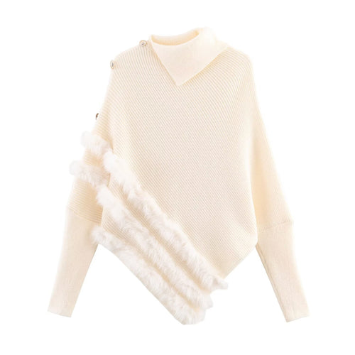Splicing bat sleeve shoulder buckle irregular knit sweater top for women