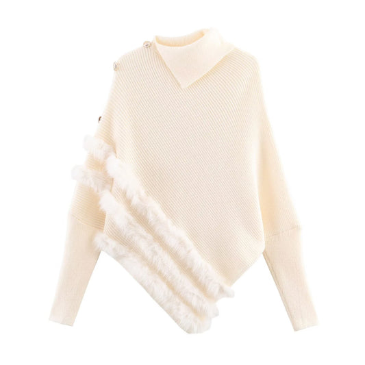 Splicing bat sleeve shoulder buckle irregular knit sweater top for women