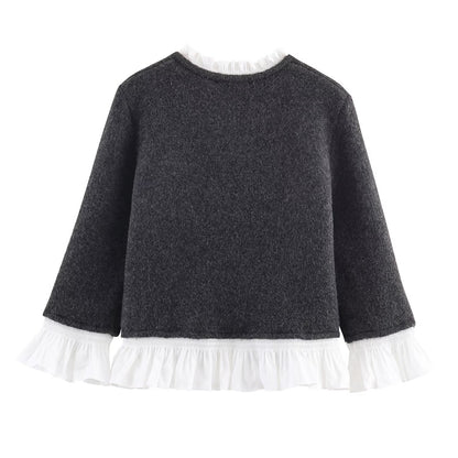 Color blocked patchwork long sleeved single breasted solid color knitted sweater for women