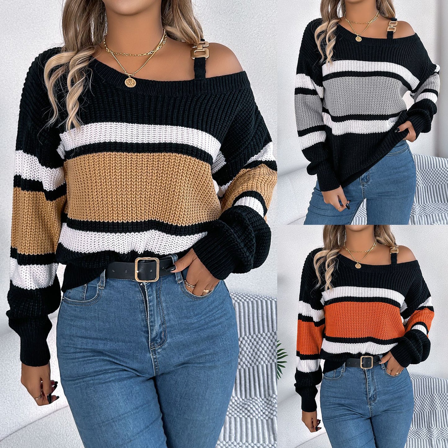 Striped lantern sleeve metal buckle off shoulder pullover sweater