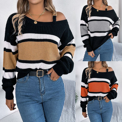 Striped lantern sleeve metal buckle off shoulder pullover sweater