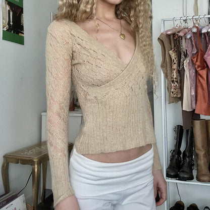 Vintage V-Neck Body-Conscious Hollow Knit Sweater with Lace-Up Detail, Elegant and Simple Long Sleeve Top