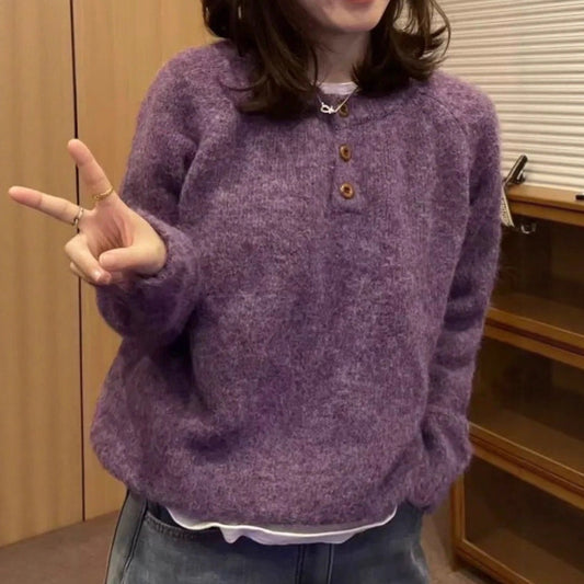 Casual Lazy Style Round Neck Single-Button Pullover Sweater Women's Loose Soft Knit Top