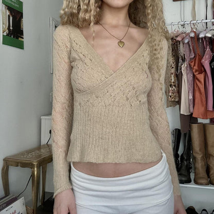 Vintage V-Neck Body-Conscious Hollow Knit Sweater with Lace-Up Detail, Elegant and Simple Long Sleeve Top