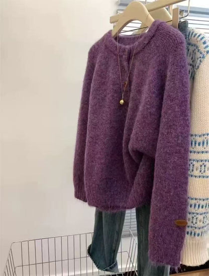 Casual Lazy Style Round Neck Single-Button Pullover Sweater Women's Loose Soft Knit Top