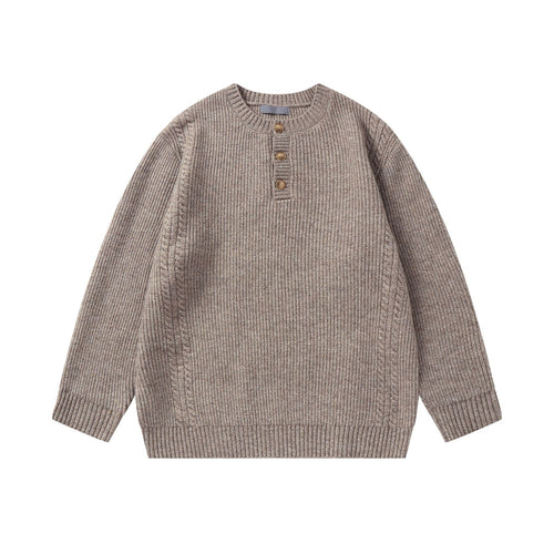 Solid Color Henley Neck Knitwear Unisex Loose Crewneck Sweater