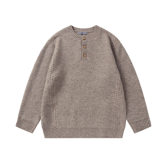 Solid Color Henley Neck Knitwear Unisex Loose Crewneck Sweater