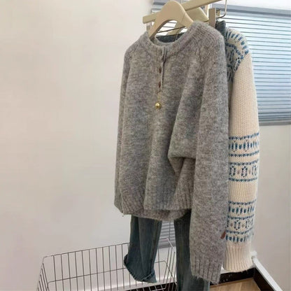 Casual Lazy Style Round Neck Single-Button Pullover Sweater Women's Loose Soft Knit Top