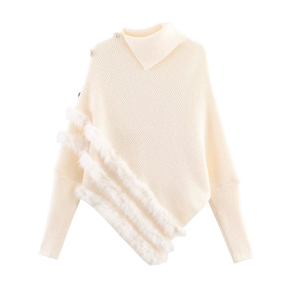 Splicing bat sleeve shoulder buckle irregular knit sweater top for women