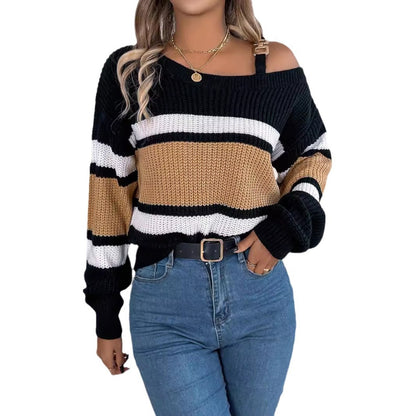 Striped lantern sleeve metal buckle off shoulder pullover sweater