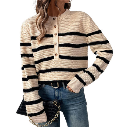 Women Long Sleeve Button-Down Round Neck