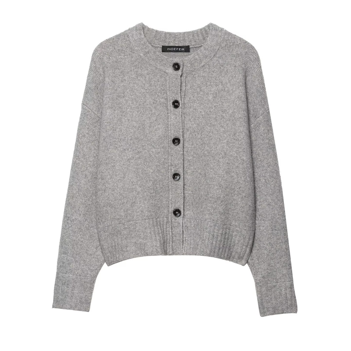 Round neck long sleeved single breasted gray knitted sweater for women