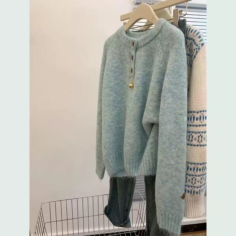 Casual Lazy Style Round Neck Single-Button Pullover Sweater Women's Loose Soft Knit Top