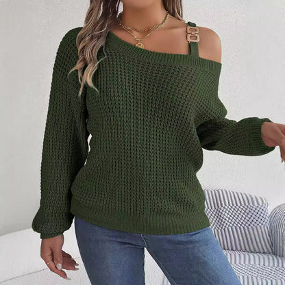 Metal buckle splicing off shoulder lantern sleeve pullover sweater